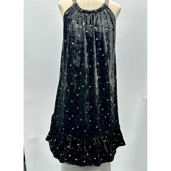 NWT Blk Velvet Metallic Gold Star Print‎ Halter Dress Fairy Grunge Whimsy Goth S - Picture 3 of 9